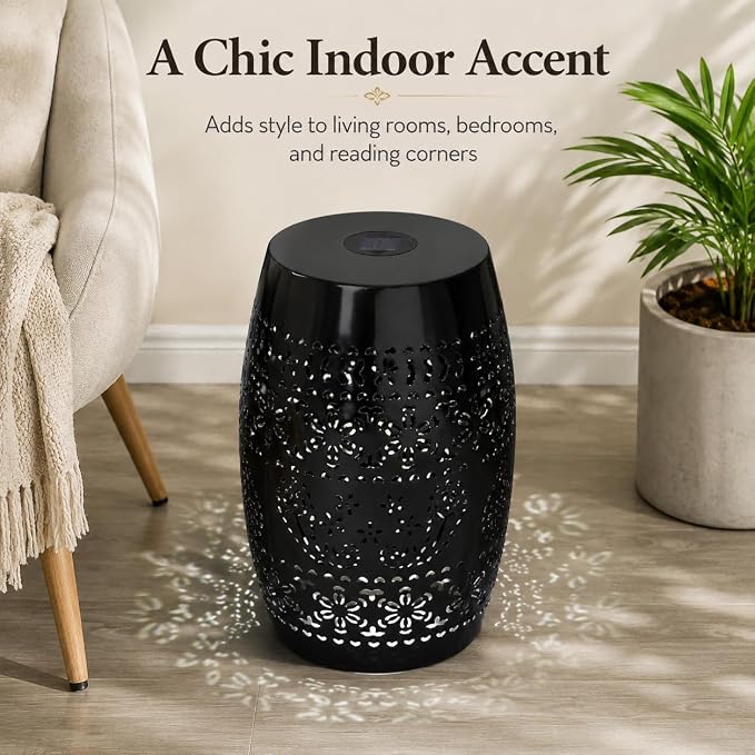 12" Outdoor Solar Side Table, Decorative Cutout Metal Round Side Table, Multi Functional - Coffee Table, Night Stand, Plant Stand for Patio, Garden, Backyard, Gazebo Indoor (Black)