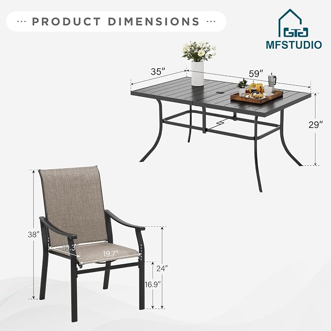 MFSTUDIO Patio Table and Chairs Set, 7 PCS Outdoor Dining Set with 6 Patio Dining Chair and 1 Heavy Duty Metal 59" Table for 6, All Weather Resistant Patio Furniture, Grey