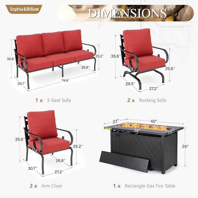 Sophia & William Patio Conversation Set for 7, 3-Seater Sofa, 2 Fixed Chairs, 2 Rocking Chairs and a 45" Fire Pit Table, Metal Outdoor Furniture with 5.75" Extra Thick Cushions, Red