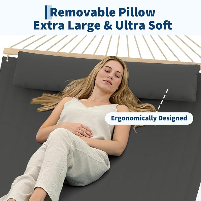 TrailBlaze Comfortable 2 Person Quilted Hammock with Hardwood Spreader Bars & Pillow – 450lbs Capacity – Ideal for Patio, Backyard, or Poolside – Double Outdoor Hammock – Dark Gray