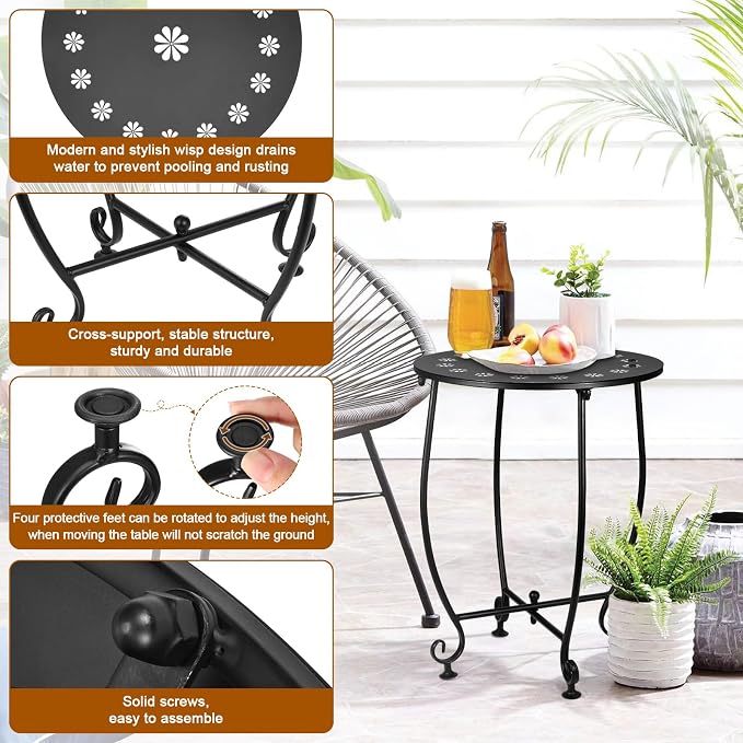 14 Inch Outdoor Side Tables for Patio, Weather Resistant Steel Patio Side Table, Small Round Outdoor End Table Metal Side Table for Patio Yard Balcony Porch Garden Black