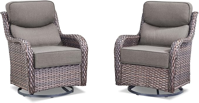 Luxury Wicker Patio Furniture Set-High Back Outdoor Swivel Chairs Set of 2 with 6" Thick Cushions Wide Armrest All Weather Patio Conversation Sets for Deck Porch Balcony(Brown/Grey)