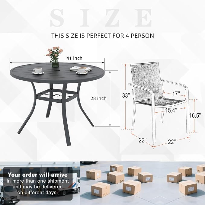 Outdoor 41" Round Metal Table and Navy Blue Stackable Chairs Dining Set 5 | 4 Piece Stackable Chairs Textilene Seat and Back, Table and Chair with Metal Frame, Round Slat Table Top, 1.9" Umbrella Hole