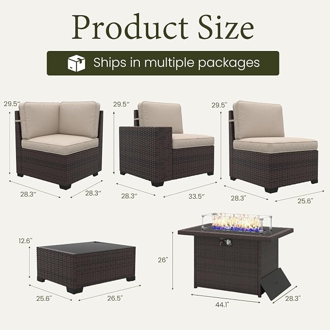 LayinSun 7 Pieces Outdoor Patio Furniture Set with 44" Fire Pit Table Brown Rattan Sectional Sofa Conversation Sets