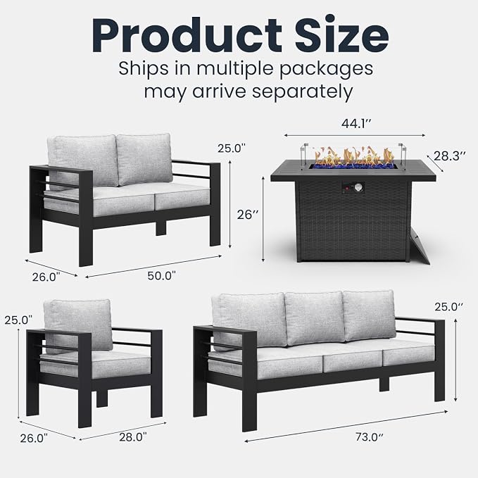 5 Pieces Modern Aluminum Patio Furniture Set with Fire Pit Table, Outdoor Conversation Sets Metal Sectional Sofa