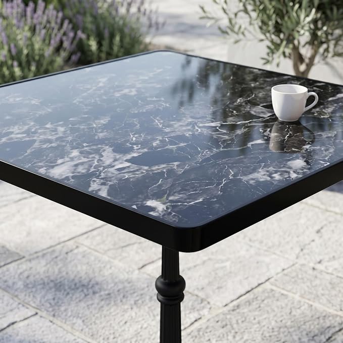 31.5" Square Outdoor Patio Dining Bistro Table, Sintered Stone Top | Glossy sintered stone top, cast iron tulip base, compact size for patio, balcony, garden, or café use, 2-4 People Dining