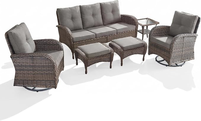 6 Piece Patio Furniture Set - Wicker Patio Conversation Set with Swivel Glider, 3-Seater Sofa, Tempered Glass Side Table and 2 Ottomans for Deck Backyard - Brown Wicker Grey Cushion