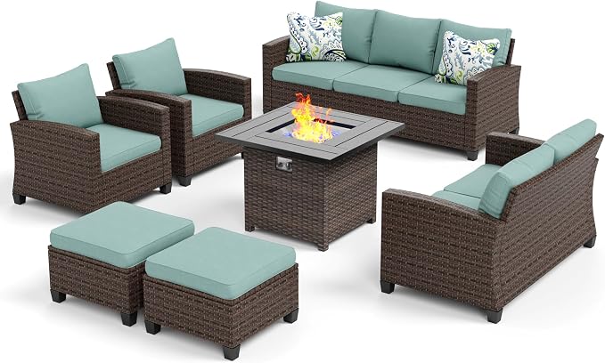 MIXPATIO Patio Furniture Set, 7 Pcs Wicker Rattan Outdoor Conversation Set, 2 x Leg Chairs, 1 x 3 Seater Sofa, 1 x 2-Seat Lover Sofa and 2 x Ottomans with 4" Thick Cushion and 32" Fire Pit Table, Blue