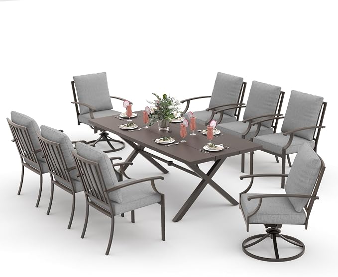 ALAULM 9-Piece Patio Dining Table and Chairs for 8 Outdoor Dining Set with 2 Swivel Chairs Patio Dining Sets with Rectangular Metal Table with Umbrella Hole for Patio, Backyard, Garden-Grey