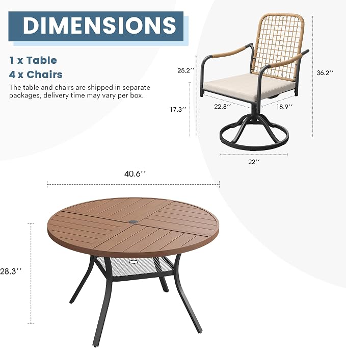 DIFY 5 Pieces Outdoor Dining Set, Metal Patio Table and Chairs Set for 4, 40.6" Round Dining Table with Umbrella Hole & Wicker Swivel Patio Chairs with Cushions, Walnut Tabletop