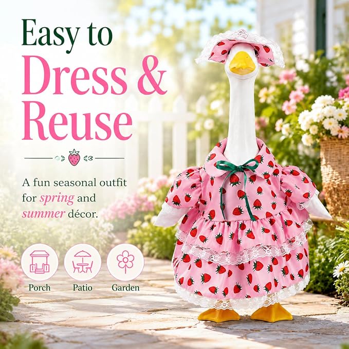 Spring Summer Porch Goose Outfit, Pink Strawberry Goose Costume for 23 Inch Goose Statue, with Lace Trim and Matching Hat, Spring Summer Outdoor Yard Lawn Patio Decor