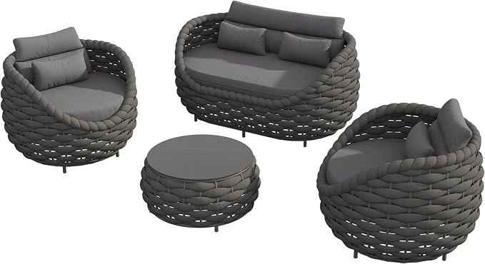 Patio Wicker Conversation Set 4Pcs Dark Grey Rattan Outdoor Sofa Set with Loveseat, 2 Single Chairs & Coffee Table, Weather Resistant Indoor Outdoor Sectional for Backyard Garden Poolside