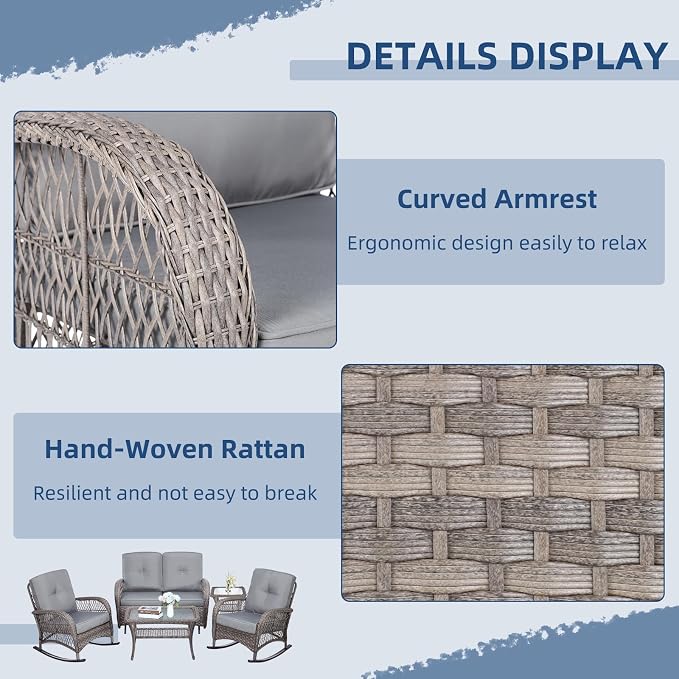 5-Piece Wicker Patio Furniture Sets Outdoor All-Weather Rattan Conversation Set Includes Glider Loveseat, 2 Glass-Top Coffee Tables, 2 Rocking Chairs for Porch Backyard, Gray