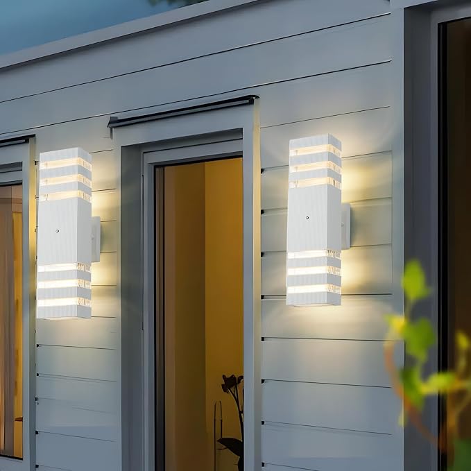 Dusk to Dawn Outdoor Wall Lights 2 Pack, White Front Porch Light Fixture, Anti-Rust Black LED Up and Down Outdoor Lights for House Hallway Garage Entryway