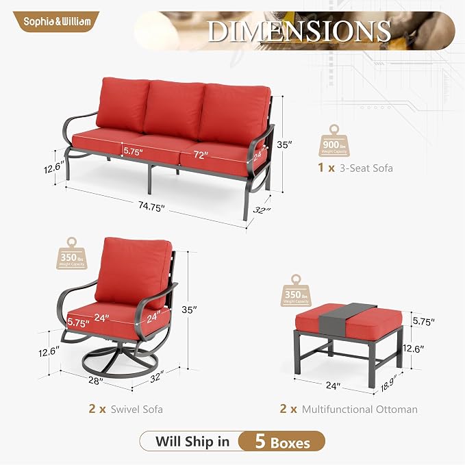 Sophia & William Patio Furniture Sets for 5 Outdoor Metal Conversation Sets 5 Pcs with 2 x Cushioned Swivel Sofa Chairs, 2 x Ottomans as Coffee Table, 1 x 3-Seat Sofa, Lawn Backyard Poolside Red