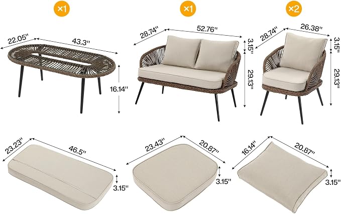 LITTLE TREE Wicker Patio Furniture Set with Coffee Table, 4 Piece Patio Sectional Furniture Set with Removable Cushions, Outdoor Conversation Set for Backyard, Garden, Porch, Balcony, Easy Assembly