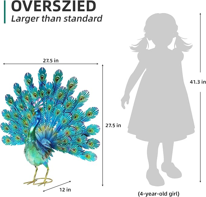 27.5" Metal Peacock Garden Statue with Spread Tail Yard Art | Handmade 3D Textured Peacock Sculpture, Outdoor Metal Yard Art for Patio, Garden, Entryway Decoration.