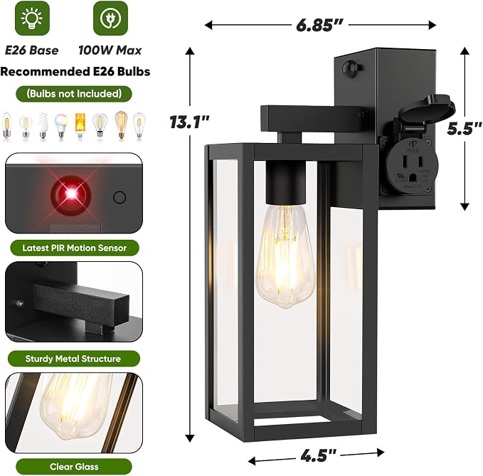 2-Pack Upgraded Motion Sensor Porch Lights with Outlet, Black | UL-listed Extra Power Socket, Auto ON/OFF, 3 Lighting Modes, Waterproof, Rust-Resistant, Durable Metal & Clear Glass