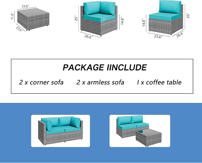 Shintenchi 5 Pieces Outdoor Patio Furniture Sets, Patio Sectional Sofa Couch, Gray PE Wicker Furniture Modular Patio Conversation Sets Patio Sofa with Washable Cushions & Table(Blue)