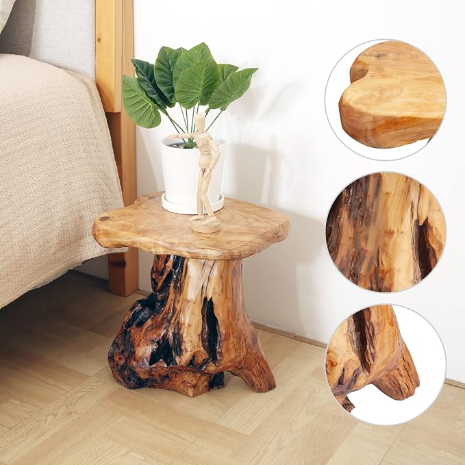 13.8" Live Edge Cedar Tree Stump Stool Handcrafted Solid Natural Wood Side Table Rustic Plant Stand Accent Nightstand for Bedroom,Living Room,Patio,Garden