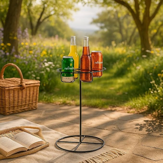 SkyMall Outdoor Beverage Table – Black Metal Drink Holder with 4 Cup Slots – Indoor/Outdoor Drink Stand for Patio, Lawn, Garden, or Picnic – Compact & Portable Beverage Rack – 20.5” High