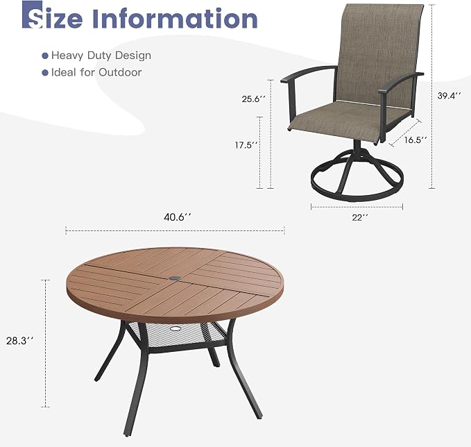 VICLLAX Outdoor Table and Chairs Set for 4, Patio Dining Set of 40.6" Metal Round Patio Table with Umbrella Hole & 4 Swivel Outdoor Dining Chairs for Backyard Lawn, Mixed Brown & Walnut