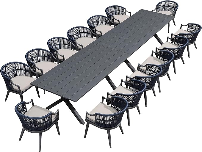 PURPLE LEAF 16 Pieces Outdoor Dining Set All Weather Wicker Patio Dining Set with Rectangular Aluminum Table and Modern Armrest Dining Chairs for Garden Deck Backyard Kitchen, Grey