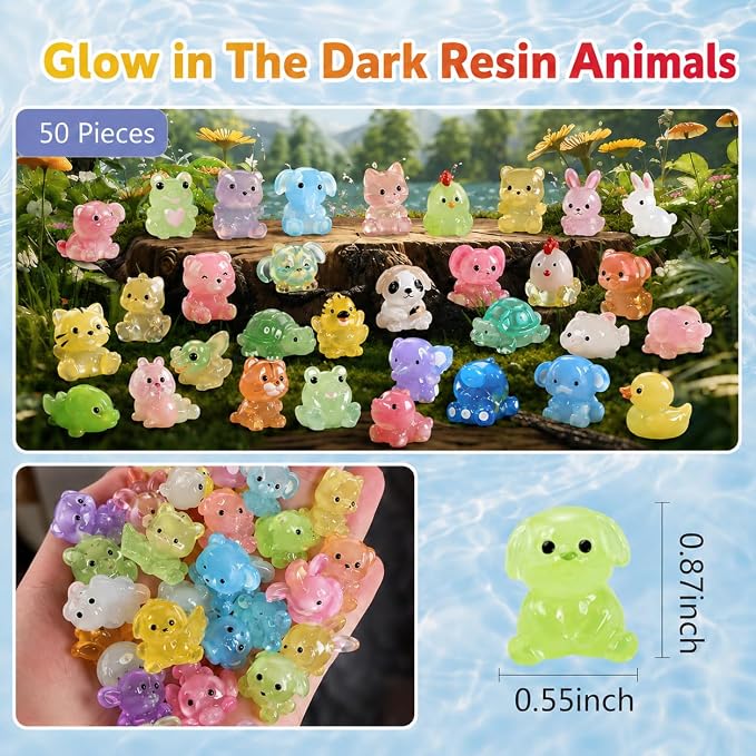 50 PCS Mystery Bag Mini Resin Animals, Glow in The Dark Tiny Animal Figurines Blind Bags Bulk, Cute Mini Resin Figures Surprise Box Toys for Kids, Classroom Prizes, Goodie Bag Stuffers, Party Favors