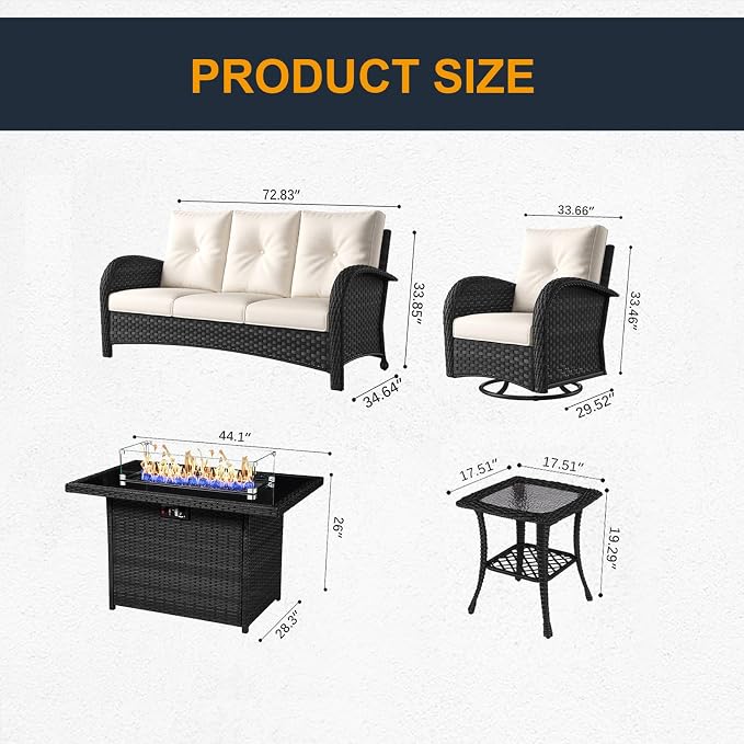 7 Pieces Outdoor Wicker Patio Swivel Rocking Chairs, All Weather Wicker Conversation Set with 44" Fire Pit Table