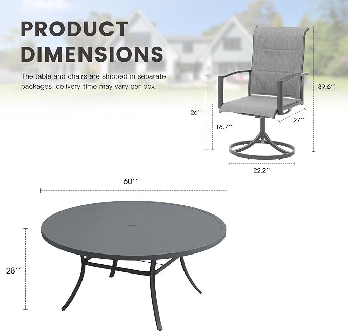Outdoor Dining Set for 8, 60" Outdoor Dining Table with Umbrella Hole and Padded Textilene Patio Swivel Chairs, 9 Pieces Patio Table and Chairs Set for Garden Backyard, Grey and Dark Grey