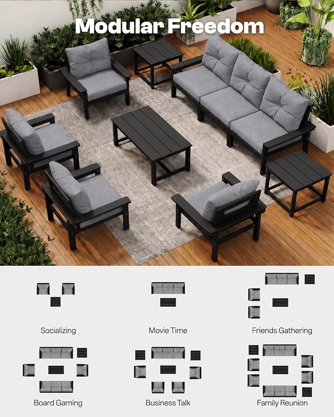 HDPE Outdoor Patio Furniture Set, 10-Piece Patio Conversation Sets with Coffee Table & Grey Washable Thick Cushions, Outdoor Sofa for Garden, Balcony, Porch, Yard, Lawn (Black Frame)