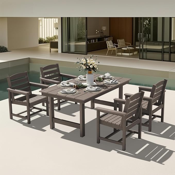 KINGYES 5 Piece Patio Dining Set for 4, HDPE Outdoor Table and Chairs Set with Umbrella Hole, Dark Brown