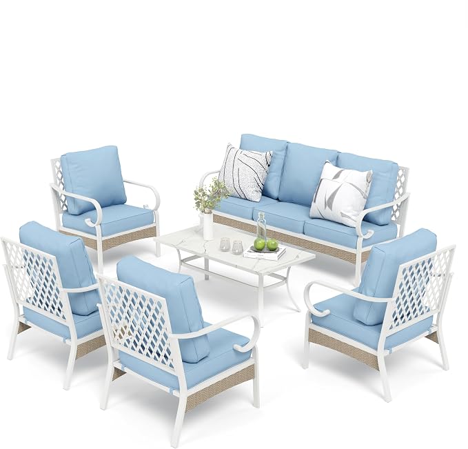 MIXPATIO 6 Piece Patio Furniture Set, 4 x Fixed Chair, 1 x 3-Seat Sofa with Marbling Coffee Table, All Cushioned 7 Seats Outdoor Conversation Set for Lawn Garden Backyard, Blue