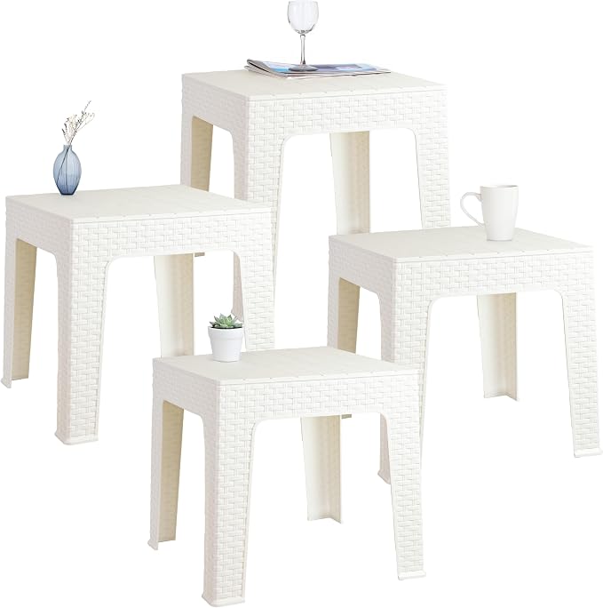Sunnydaze Adirondack Small Outdoor Side Table for Balcony Essentials - Plastic Square End Table for Outside Patio - Set of 4 - White