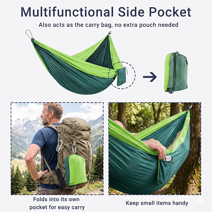 Camping Hammocks, Portable Lightweight Parachute with Tree Straps, Single or Double Hammock Without Stand, Nylon Camping Gear for Outdoor Beach Backpacking Hiking, Camping Essentials(Green)
