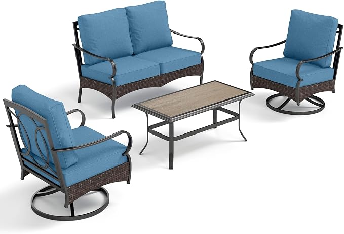 PHI VILLA Outdoor Porch Furniture Set, Upgraded Wicker & Metal Deep Seating Patio Furniture Conversation Set with Waterproof Thick Cushions for Balcony, Yard (4 Pieces,Navy)