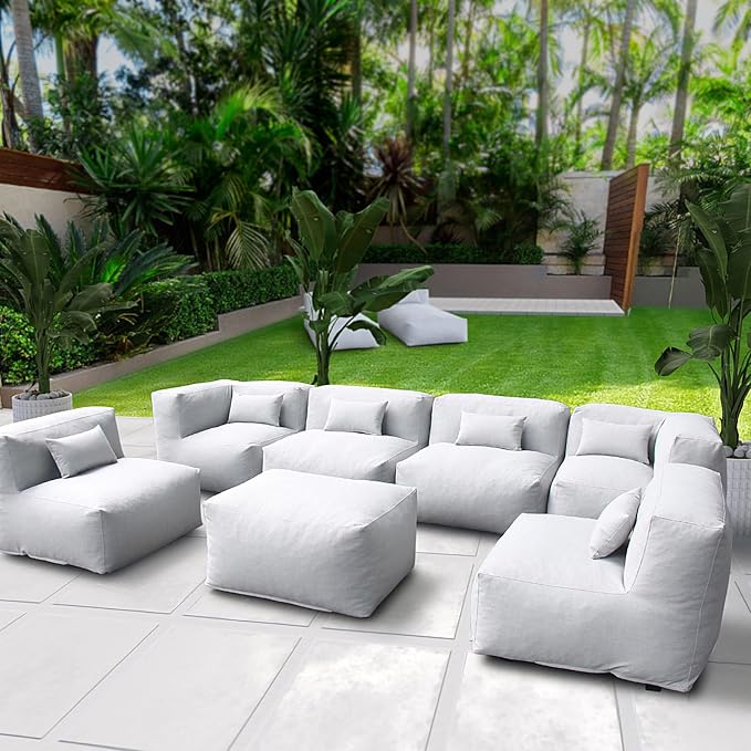 Patio Furniture Set Bean Bag Outdoor Chairs Sectional Conversation Patio Set Daybed Furniture Outdoor Sofa Couch High Density Foam Filling Modern Comfy Patio Couch (Light Gray), A01-7G