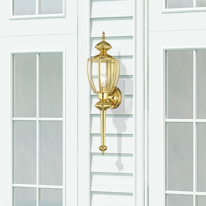 Livex Lighting 2112-02 Outdoor Wall Lantern, Polished Brass | Clear Beveled Glass Shades