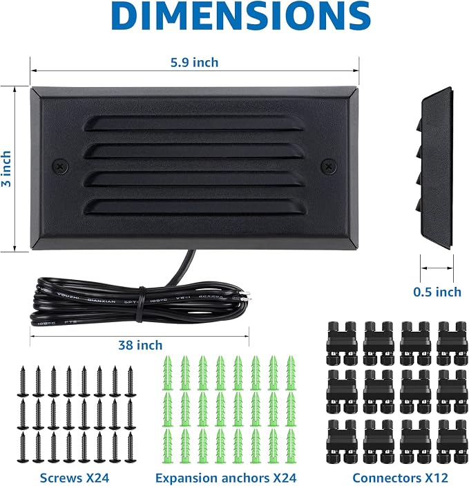 SUNVIE 6" Low Voltage Step Lights Outdoor 5W 3000K Black Aluminum 12-Pack | 90+ CRI, 500lm, 12-24V AC/DC, IP65 Waterproof, with Horizontal Louver Faceplate, with Fastlock2 Connectors, Deck Stair Lights
