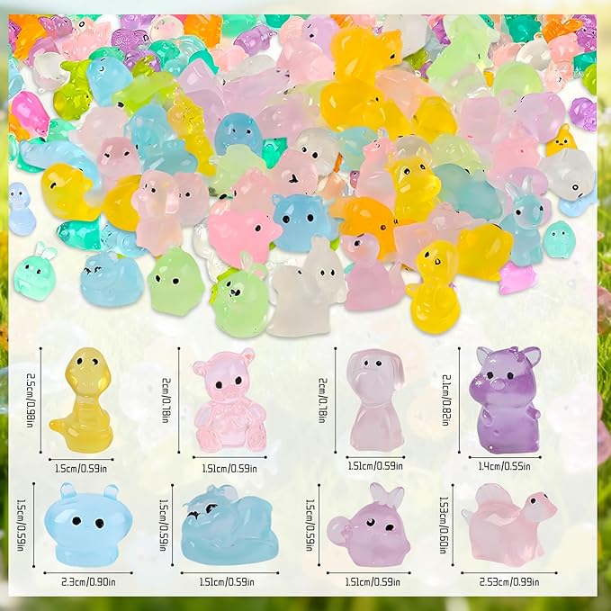 Mini Glow in The Dark Animal Resin Models, Mystery Resin Animals Blind Bag, Small Luminous Figures for Decor Micro Garden Home Landscape Aquarium Craft Gifts Party Favors for Ages 14 and up (100pcs)