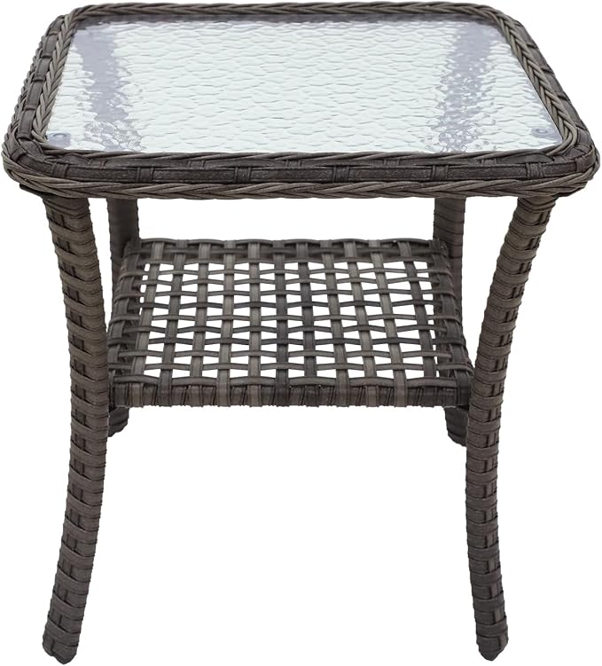 Outdoor Woven Rattan Coffee Table with Tempered Glass, Wicker Side Table for Outside Patio Porch, Stonewash Gray