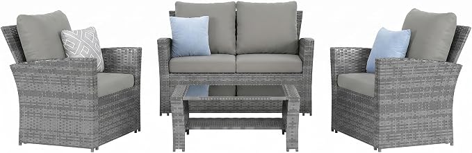 UDPATIO Patio Furniture Set, Outdoor Furniture Sets with Loveseats Sofa, Wicker Rattan Outdoor Conversation Set with Storage CoffeeTable for Backyard, Deck, Porch, Grey/Grey