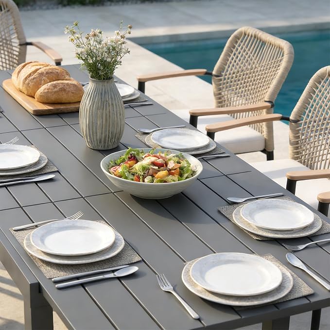 SUNSITT 7 Piece Outdoor Patio Dining Set, 59" - 83" Aluminum Expandable Outdoor Dining Table and 6 Woven Wicker Patio Chairs w/WPC Armrests for Garden, Dark Grey