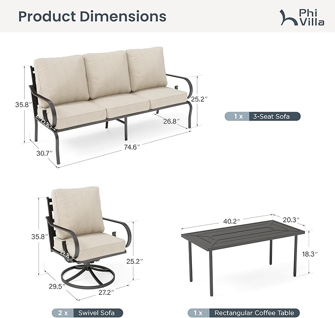 PHI VILLA Patio Furniture Set, 3-Seater Sofa, 4 Swivel Chairs and a Coffee Table, Outdoor Metal Conversation Set with 5.75" Extra Thick Cushion for Garden Backyard Deck, Beige