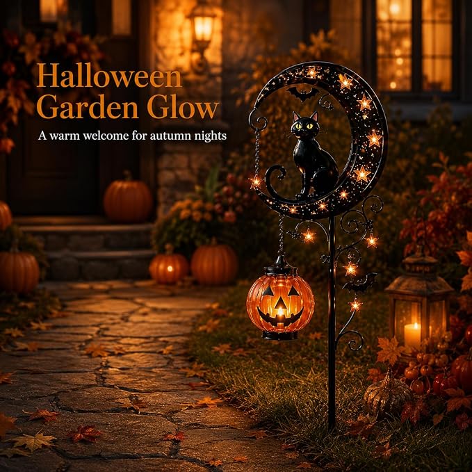 Solar Halloween Black Cat & Pumpkin Moon Garden Stake Light, Outdoor Waterproof LED Yard Decoration with Crescent Moon, Hanging Jack-o'-Lantern Lantern for Garden, Patio, Walkway, Porch(Style B)