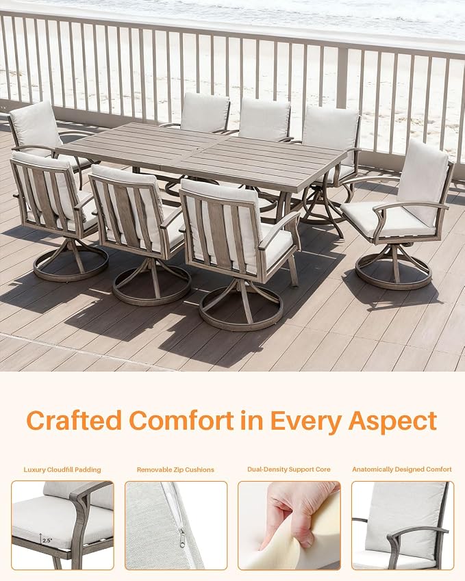 9-Piece Patio Dining Set for 8, Never Rusts Aluminum Outdoor Swivel Dining Set with Cushions, Outdoor Dining Set, Patio Table and Chairs Furniture Sets for Deck, Garden Yard, Limed Oak