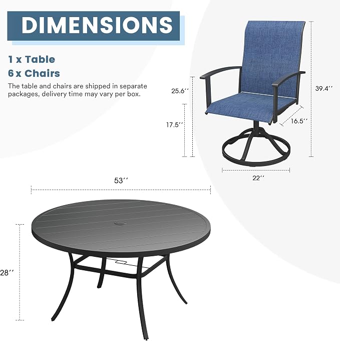 DIFY 7 Pieces Outdoor Dining Set for 6, 53" Black Round Metal Table with Umbrella Hole and Blue Textilene Swivel Patio Chairs, Patio Table and Chairs Set for Garden, Backyard, Poolside
