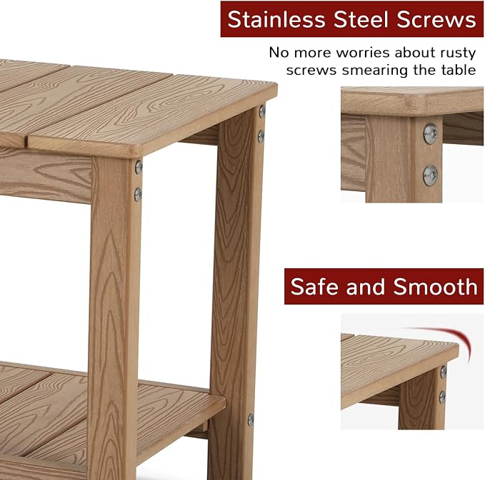 Stoog HIPS Outdoor Side Table, Weather Resistant 2-Tier Rectangle Patio End Table, Easy to Clean & Maintain, for Deck, Balcony, Garden, Teak