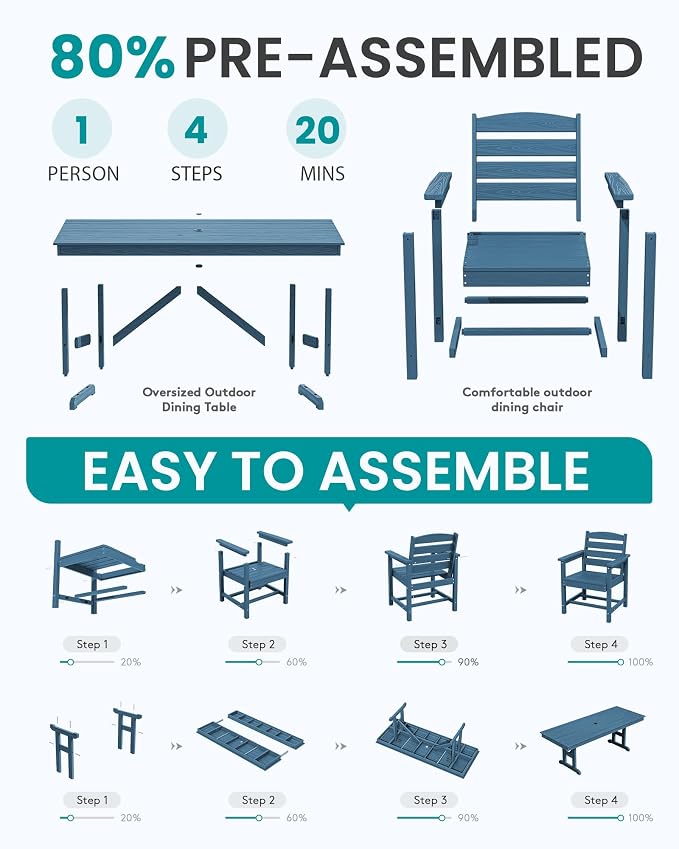 SERWALL 10 Piece Outdoor Dining Set with 15ft Triple-Head Foldable Umbrella(Based not Included), 84" HDPE Outdoor Table and Chairs for 8, Blue