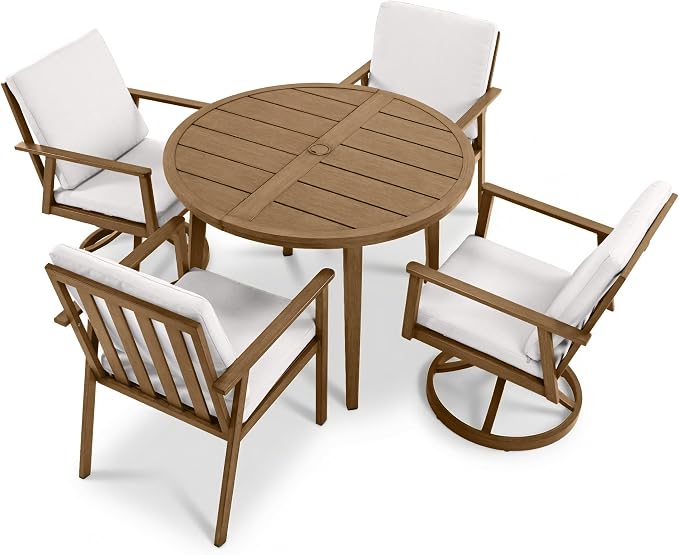 41" Round Outdoor Dining Table Set, 5-Piece Aluminum Round Outdoor Table with 4 Chairs, Rust-Resistant Faux Wood Grain Patio Table with Umbrella Hole for Garden, Backyard, Poolside, Teak